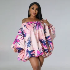 Plus Size Off Shoulder Print Bat Sleeve Mini Dress QHMD-3009