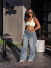 Casual Raw Edge Washed Straight Jeans GYLN-7169