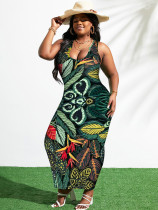 Plus Size Leaf Print Sleeveless Sexy Long Dress GAWE-5511