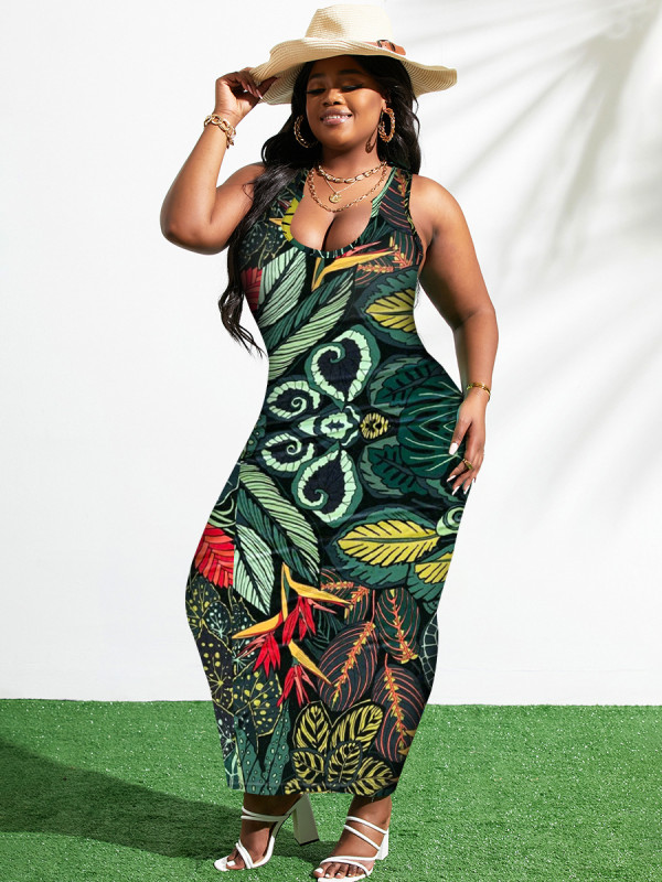 Plus Size Leaf Print Sleeveless Sexy Long Dress GAWE-5511