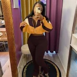 Color Block Zipper Coats Tight Sport Two Piece Pants Set QHMD-3073