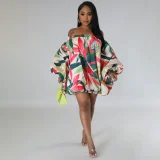 Plus Size Off Shoulder Print Bat Sleeve Mini Dress QHMD-3009