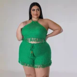 Plus Size Tassel Fishnet Knit Casual Two-Piece Shorts Set OSM-5317