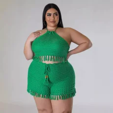 Plus Size Tassel Fishnet Knit Casual Two-Piece Shorts Set OSM-5317