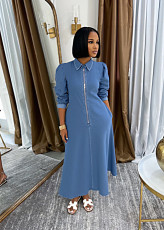 Plus Size Zipper Long Sleeve Washed Denim Long Dress GYLN-1301