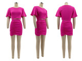 Short Sleeve Solid Color Two Piece Skirts Set QHMD-M3022