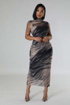 Sleeveless Print Mesh Maxi Dress QYMF-3142