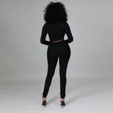 Solid Color Long Sleeve Leather Patchwork Pant Suit GQLK-KG1308