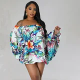 Plus Size Off Shoulder Print Bat Sleeve Mini Dress QHMD-3009