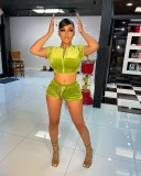 Short-Sleeve Zipper Velvet Two-Piece Short Set OSM-4351