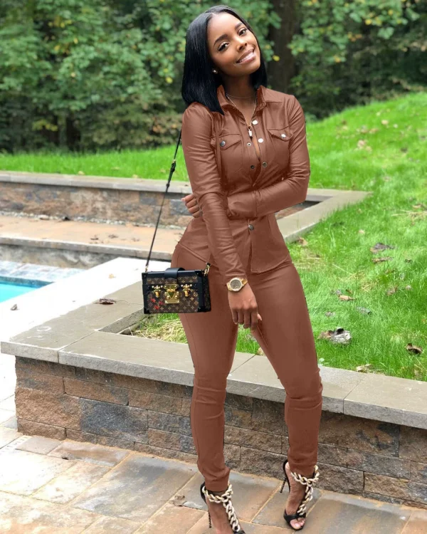 Solid Color Leather Sport Two Piece Pants Set GQLK-8226