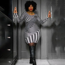 Plus Size Print Long Sleeve Midi Dress GAWE-5538