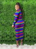 Plus Size Colorful Stripe Print Long Sleeve Maxi Dress GAWE-5386