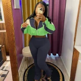 Color Block Zipper Coats Tight Sport Two Piece Pants Set QHMD-3073