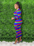 Plus Size Colorful Stripe Print Long Sleeve Maxi Dress GAWE-5386