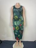 Plus Size Leaf Print Sleeveless Sexy Long Dress GAWE-5511