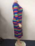 Plus Size Colorful Stripe Print Long Sleeve Maxi Dress GAWE-5386