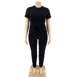 Plus Size Short Sleeve Solid Color Two Piece Pants Set OSIF-20735