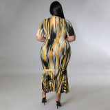 Plus Size Short Sleeve Ruffles Long Dress NNWF-7459
