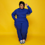 Plus Size Solid Color Hooded Tassel Two Piece Pants Set OSIF-21278