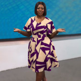 Plus Size V Neck Print Split Midi Dress NNWF-8074