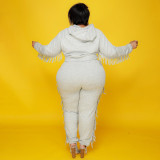 Plus Size Solid Color Hooded Tassel Two Piece Pants Set OSIF-21278
