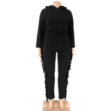 Plus Size Solid Color Hooded Tassel Two Piece Pants Set OSIF-21278