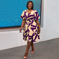 Plus Size V Neck Print Split Midi Dress NNWF-8074