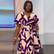 Plus Size V Neck Print Split Midi Dress NNWF-8074