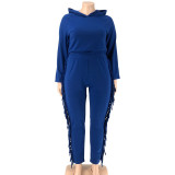 Plus Size Solid Color Hooded Tassel Two Piece Pants Set OSIF-21278