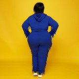 Plus Size Solid Color Hooded Tassel Two Piece Pants Set OSIF-21278