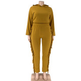 Plus Size Solid Color Hooded Tassel Two Piece Pants Set OSIF-21278