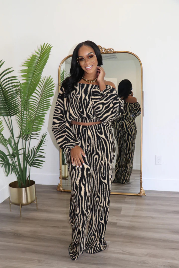 Slash Shoulder Print Two Piece Pants Set OLYF-6160