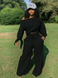 Plus Size Solid Color O Neck Two Piece Pants Set OLYF-6021