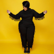 Plus Size Solid Color Hooded Tassel Two Piece Pants Set OSIF-21278
