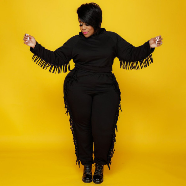 Plus Size Solid Color Hooded Tassel Two Piece Pants Set OSIF-21278