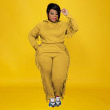 Plus Size Solid Color Hooded Tassel Two Piece Pants Set OSIF-21278