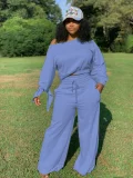 Plus Size Solid Color O Neck Two Piece Pants Set OLYF-6021