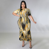 Plus Size Short Sleeve Ruffles Long Dress NNWF-7459