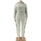 Plus Size Solid Color Hooded Tassel Two Piece Pants Set OSIF-21278