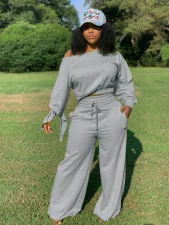 Plus Size Solid Color O Neck Two Piece Pants Set OLYF-6021