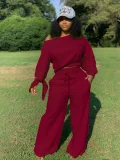 Plus Size Solid Color O Neck Two Piece Pants Set OLYF-6021