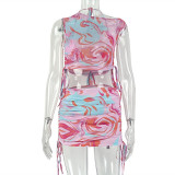 Print Slash Neck Drawstring Two Piece Skirt Set GJYO-711853