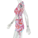 Print Slash Neck Drawstring Two Piece Skirt Set GJYO-711853