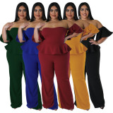 Plus Size Off Shoulder Short Sleeve Wide Leg Jumpsuit NNWF-7797