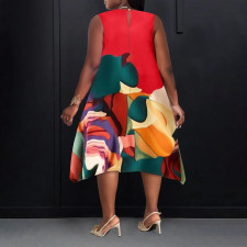 Plus Size Contrast Color Print Sleeve Midi Dress NNWF-6071