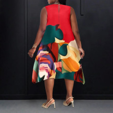 Plus Size Contrast Color Print Sleeve Midi Dress NNWF-6071