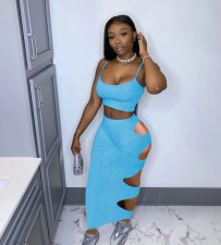 Solid Color Sling Tank Tops Hollow Out Long Skirt Suit NM-8353