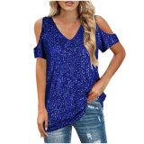 Plus Size Loose V Neck Sequin Short Sleeve Tops GOSD-10242