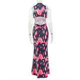 Sleeveless Ruched Print Hollow Out Maxi Dress GJYO-303899